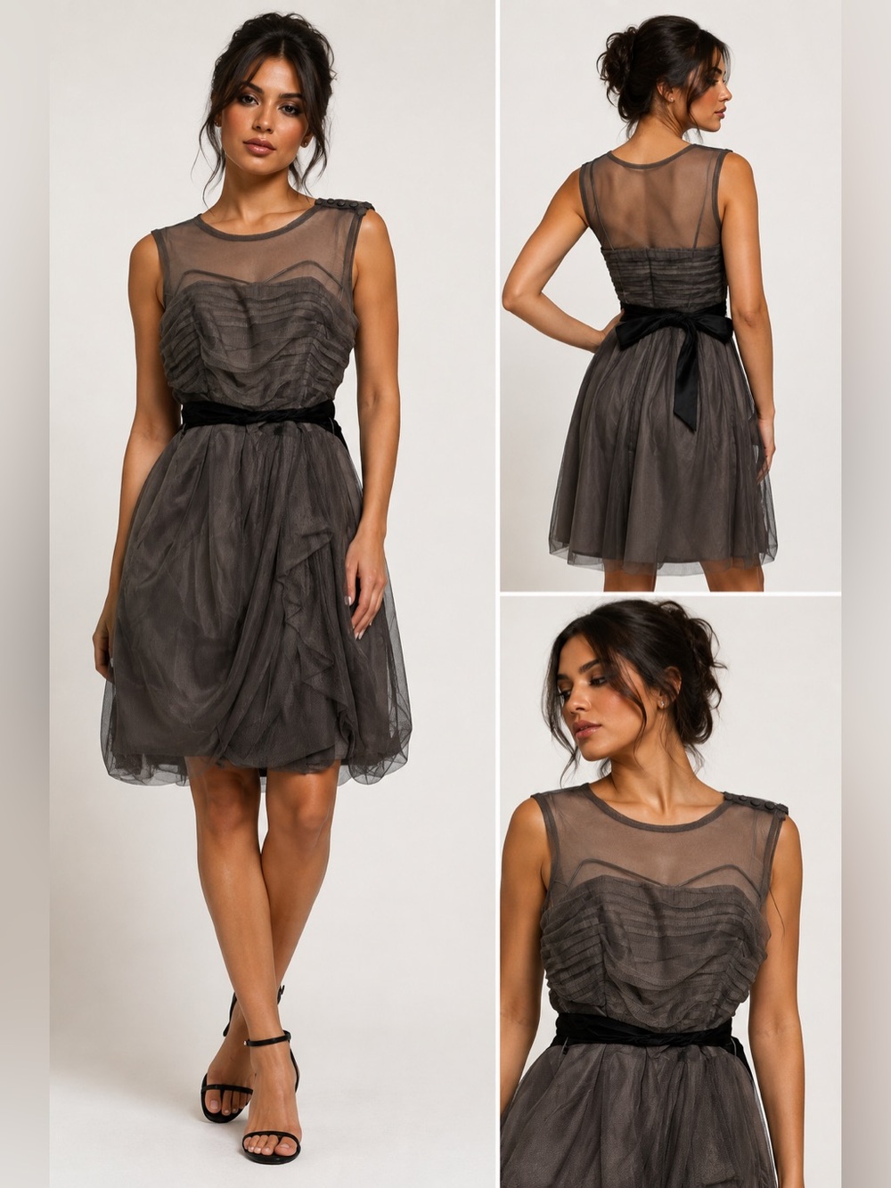 WHITE by Vera Wang Gray Bobbin Net Illusion Ruched Dress Size 8